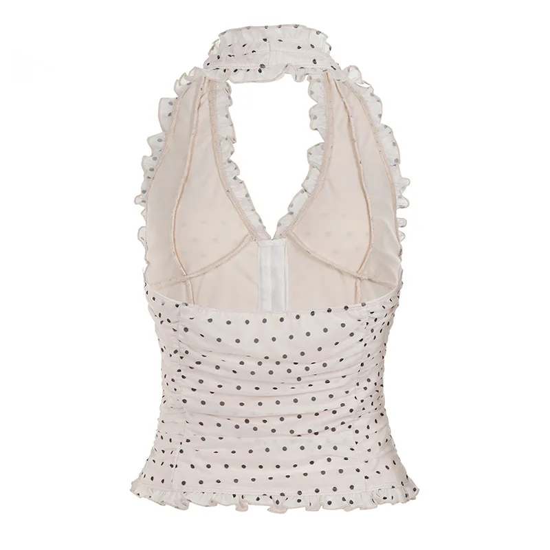 French elegant polka dot fungus edge hidden buckle V-neck hanging neck strap sexy casual vest top