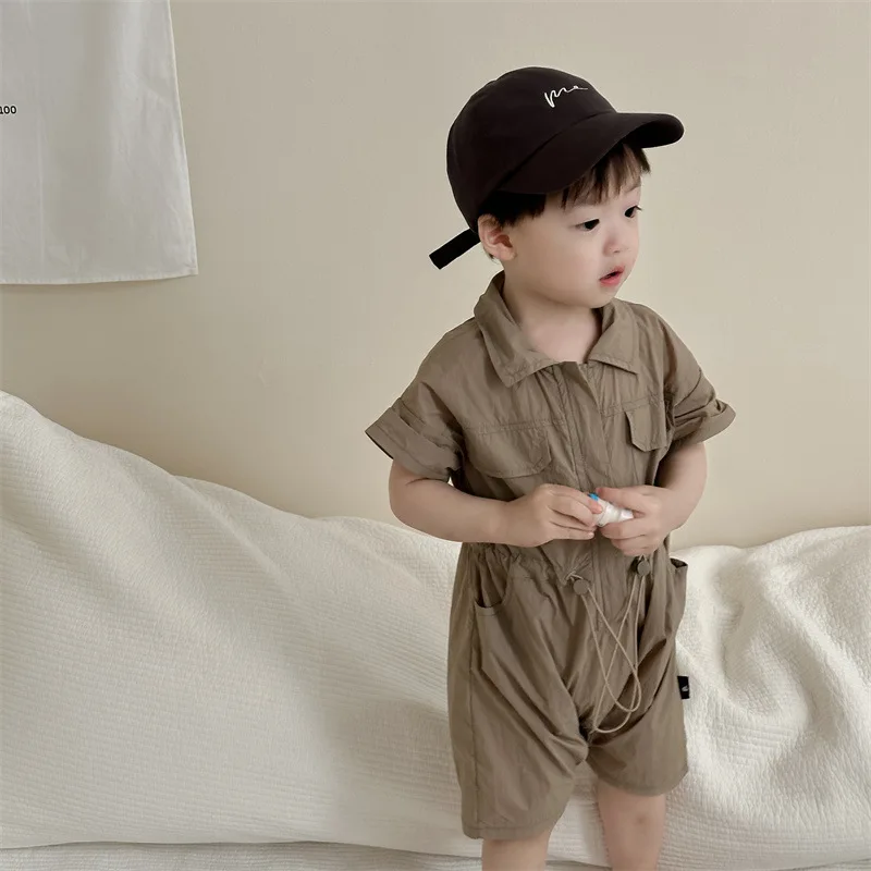 

2024 Summer New Baby Boy Short Sleeve Lapel Romper Cotton Infant Girl Solid Casual Jumpsuit Newborn Toddler Loose Clothes 0-24M
