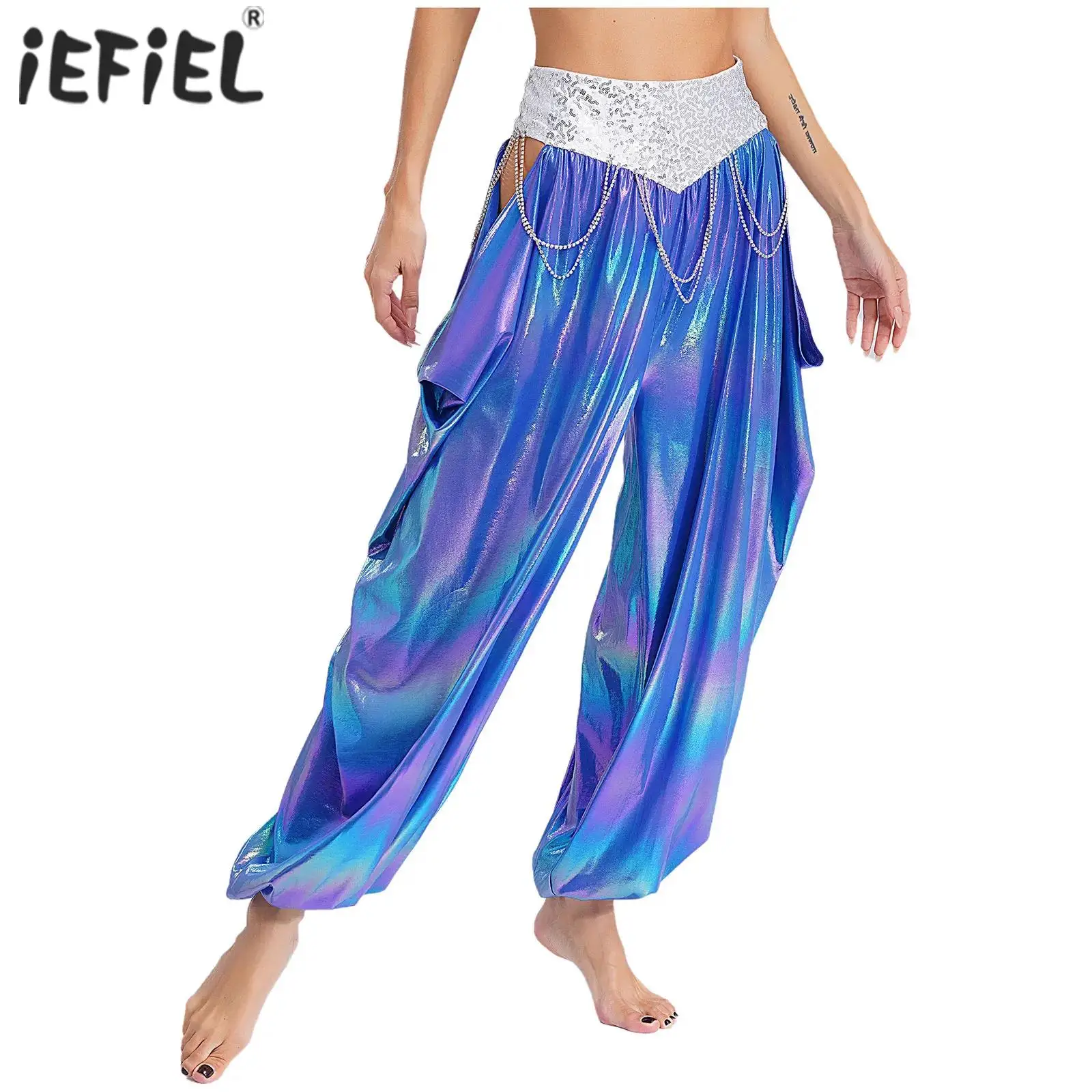 

Женские шаровары со стразами и цепочками с вырезами, брюки для танца живота, металлические сверкающие блестки, пояс, брюки, костюм из живота