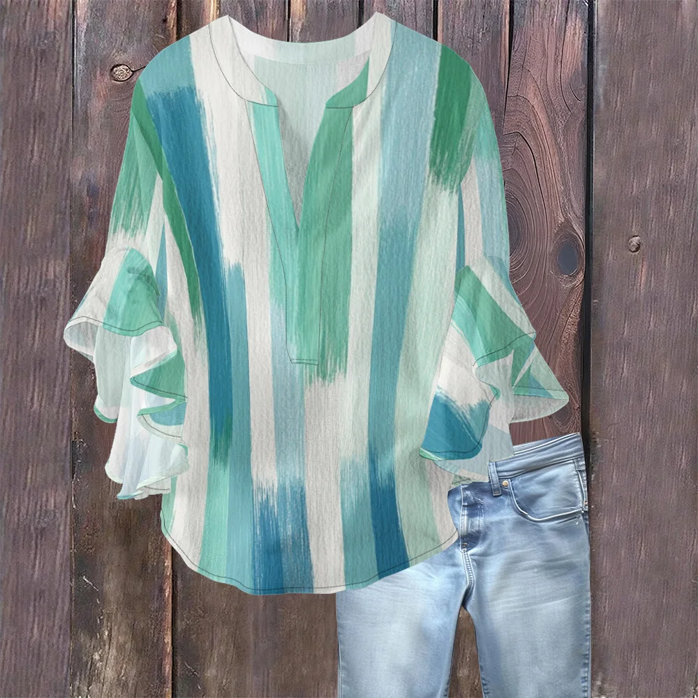 Sexual Intellectual Style V Neck Shirt Butterfly Sleeve Bubble Crease Fabric Women's Blouse Summer Casual Elegant Loose Fit Top