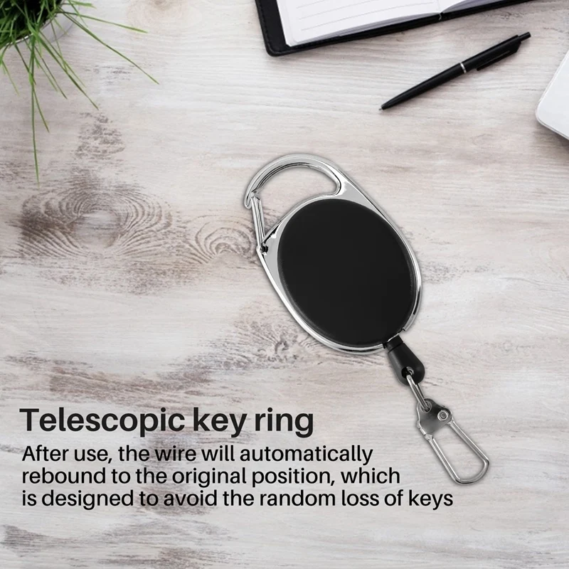 RISE-Heavy Duty Retractable Carabiner Badge Tinker Reels 60Cm Pull Wire With Key Ring Clip Black
