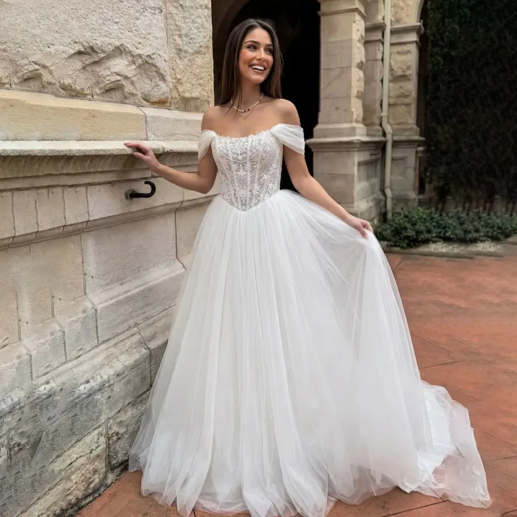 Eightale 2026 Luxuriöses A-Linien Tüll Elfenbein Schulterfreies Perlen-Hochzeitskleid Brautkleid Robe De Mariage Maßanfertigung