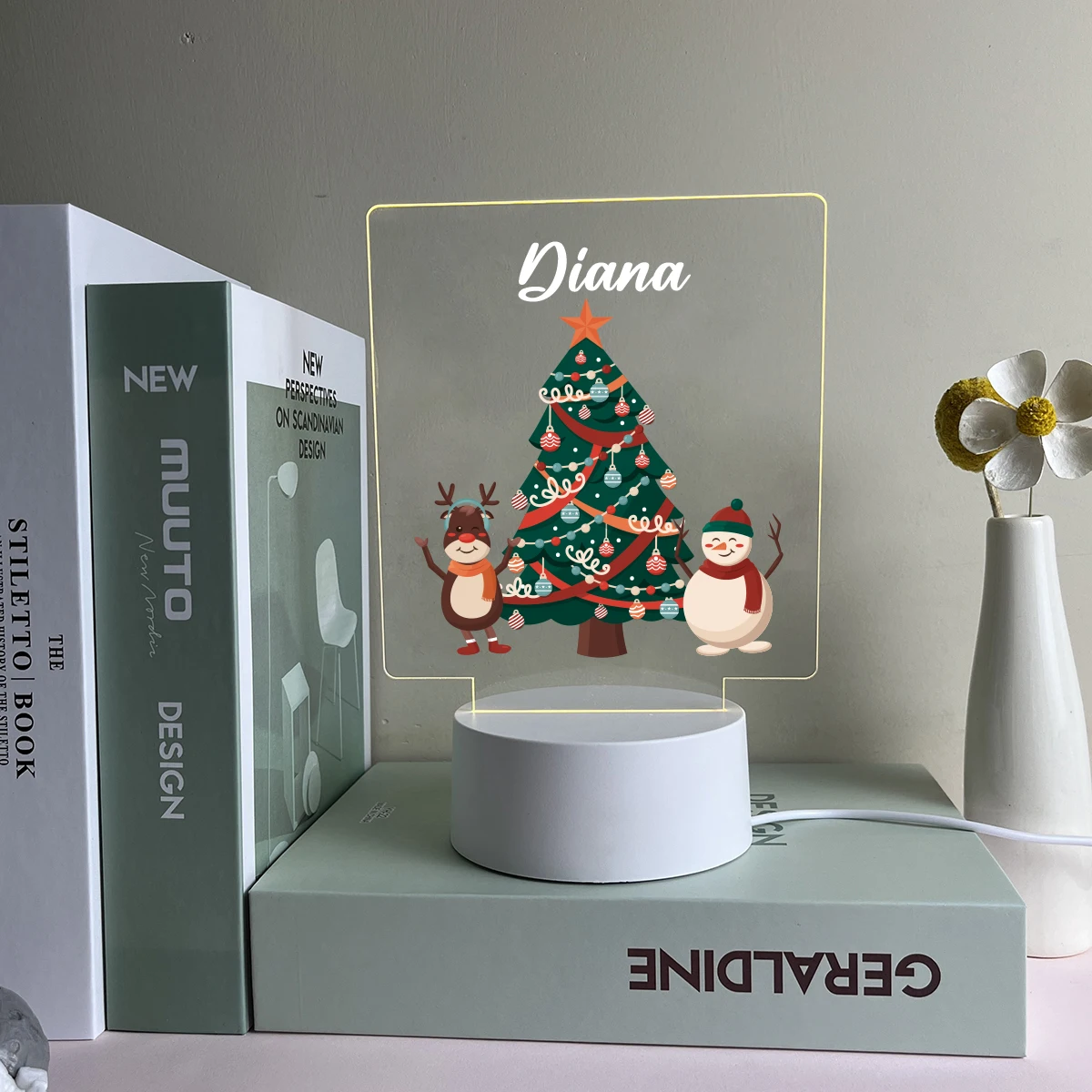 Sapin de Noël DIY avec Nom Visuel, Acrylique, LED, Cerf, Bonhomme de Neige, Décoration d'intérieur, Cadeau de Noël, Lampe de Nuit Personnalisée, 1Pc