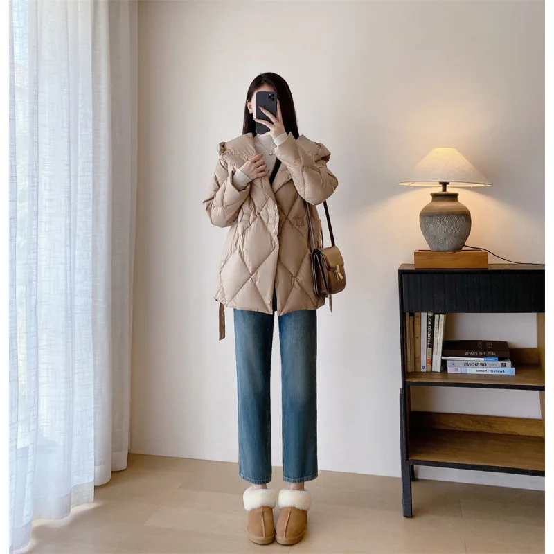 YR018~Welfare~90White Goose Down Lace-up Cinched Hoodie Mid-Length Large Quilt Thickened Short Style down Jacket Winter