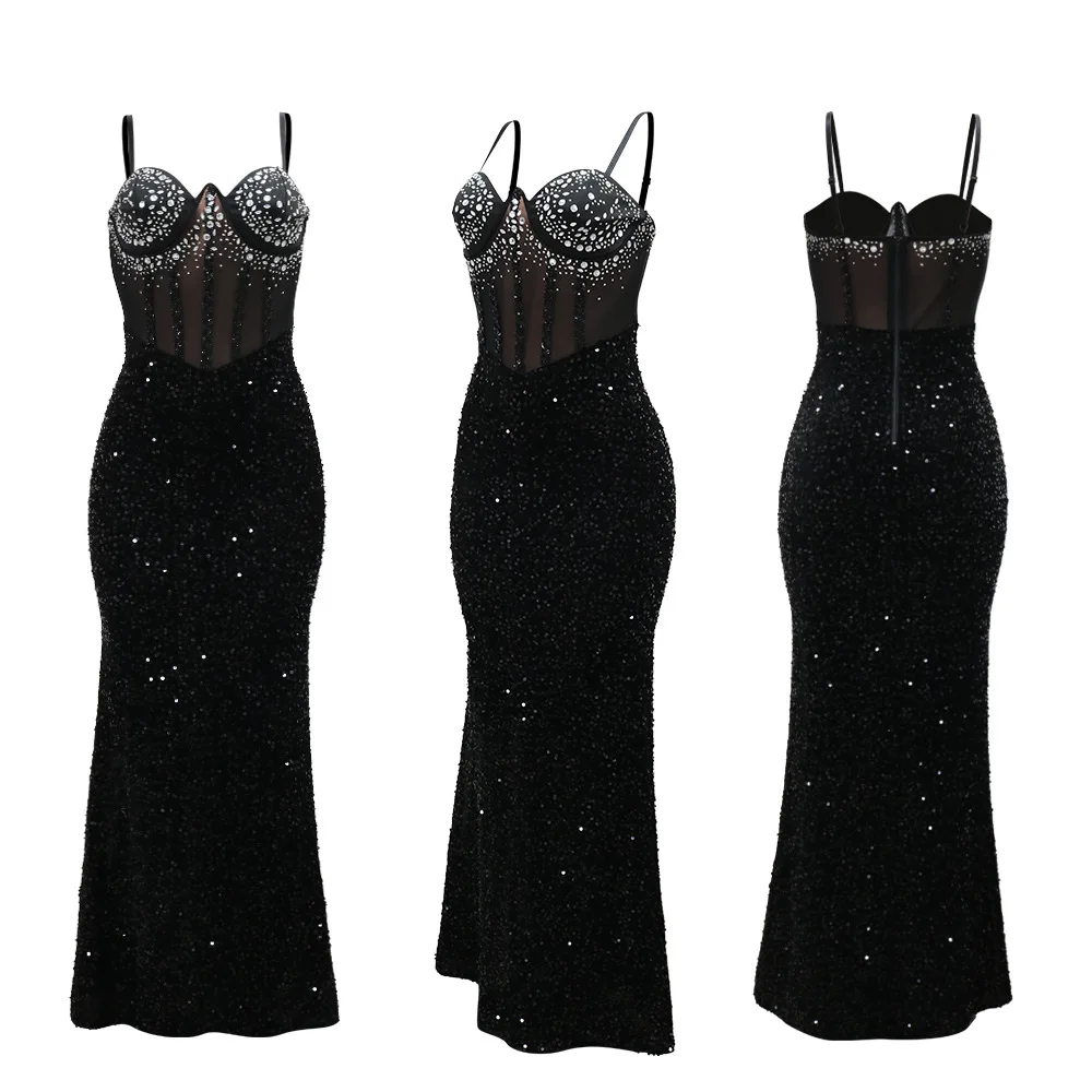 مثير الحبيب مطرزة السباغيتي الأشرطة شير الخصر حورية البحر فستان سهرة رسمي طويل أسود