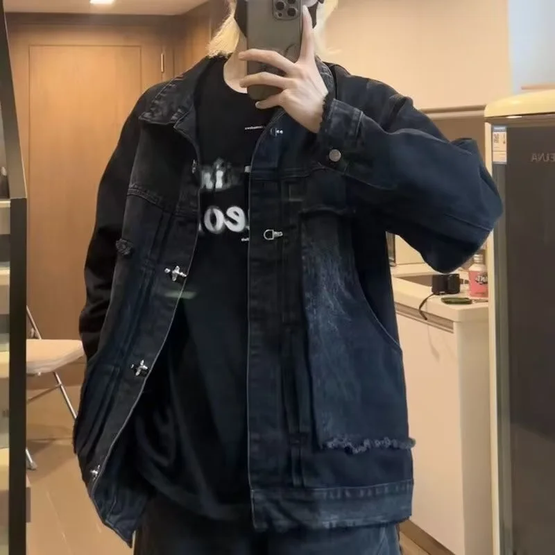 

Retro American k Waed Denim Jaet Men's Loose Fit Collar Jaet Trendy Spring Autumn New Sle Korean Version