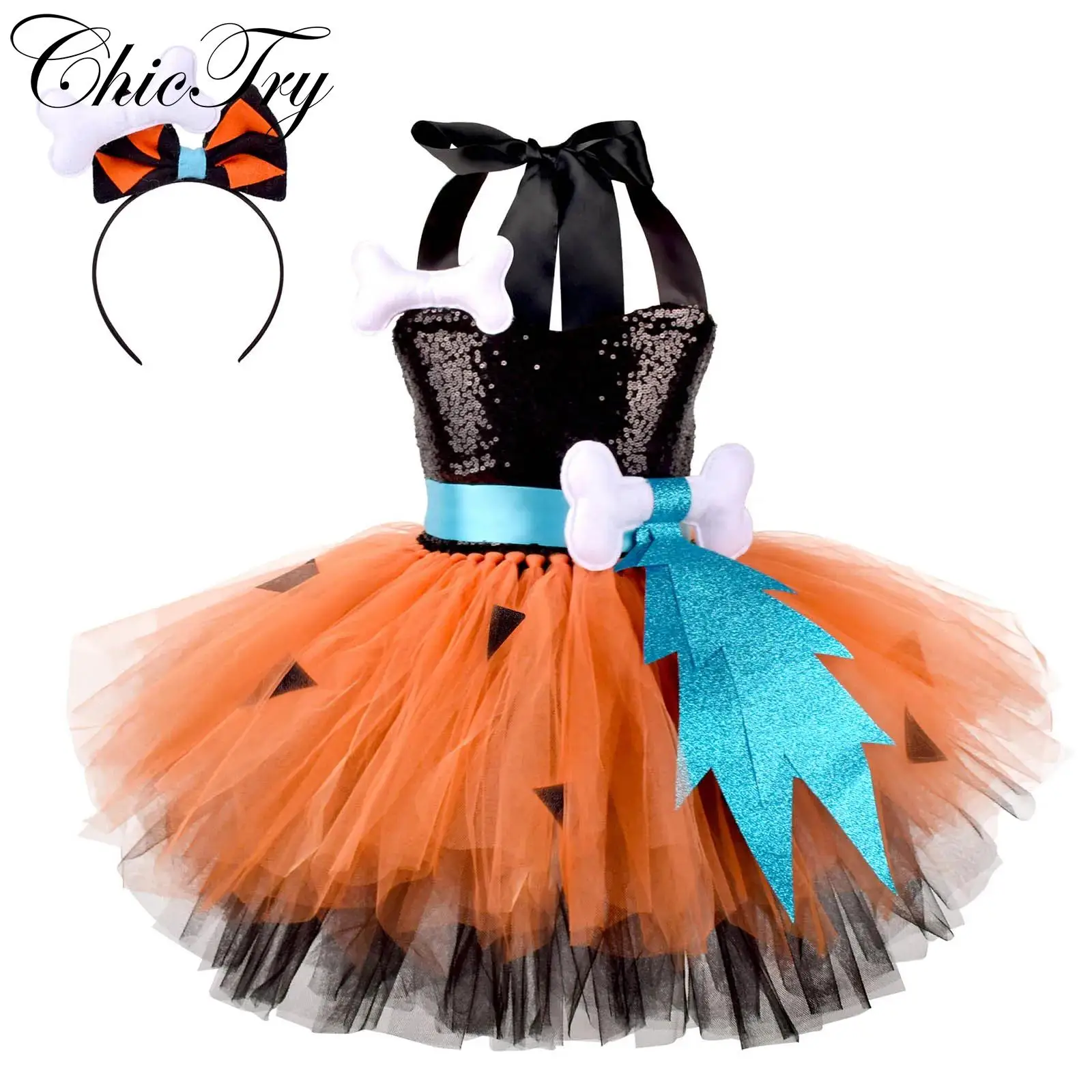 

Kids Girls Cave Cosplay Costume Halloween Cavegirl Dress Halter Neck 3D Bone Decoration Puffy Skirt with Headwear Party Dress Up