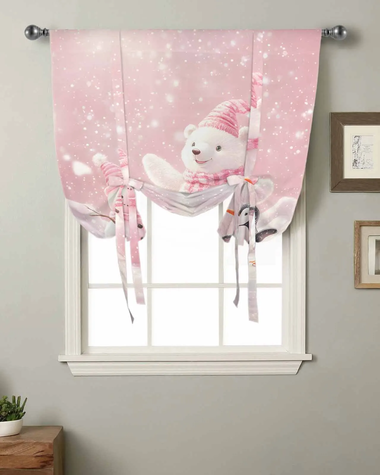 Christmas White Bear Penguin Snowman Pink Short Balloon Curtain Tie Up Valance Home Bedroom Kitchen Decor Window Curtain