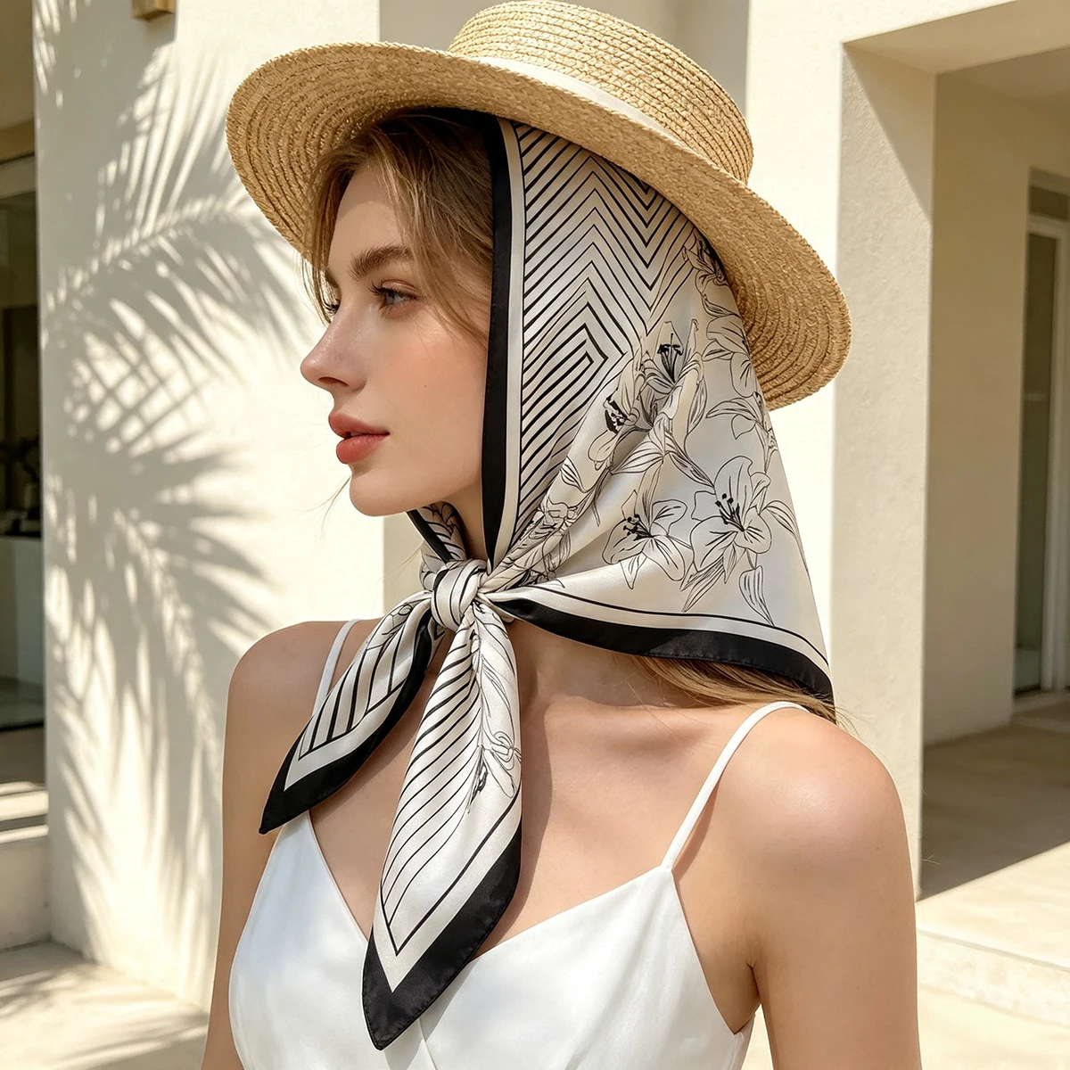 Women's Spring Summer Soft Satin Imitation Silk Square Scarf Breathable Floral Print Wrap Neck Scarf with New Stripe Design view 2