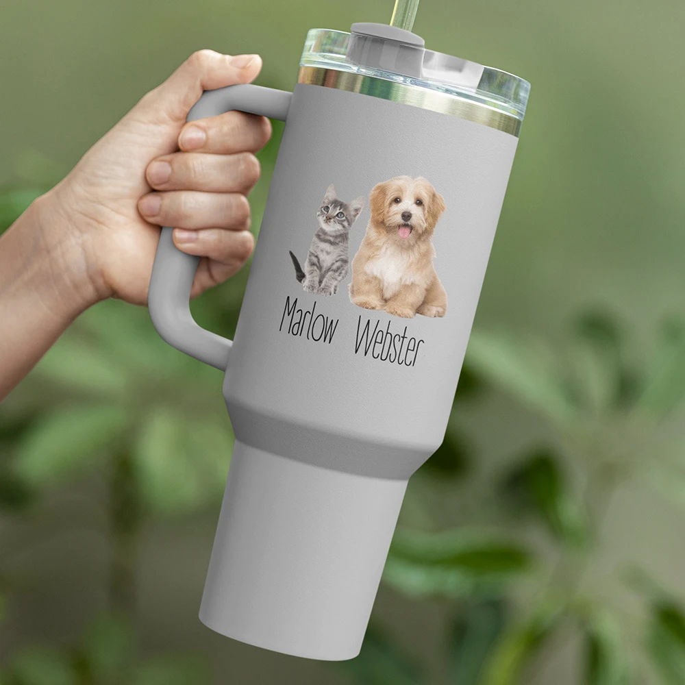 Personalized 40 oz Tumbler with Handle Lid Straw Stainless Steel Water Bottle Custom Pet Photo With Name Tumbler Pet Owner Gift