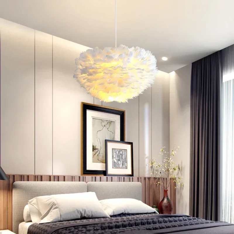 Luces colgantes de plumas modernas para habitación de niños, lámparas colgantes de cabecera de dormitorio, sala de estar, iluminación de araña de