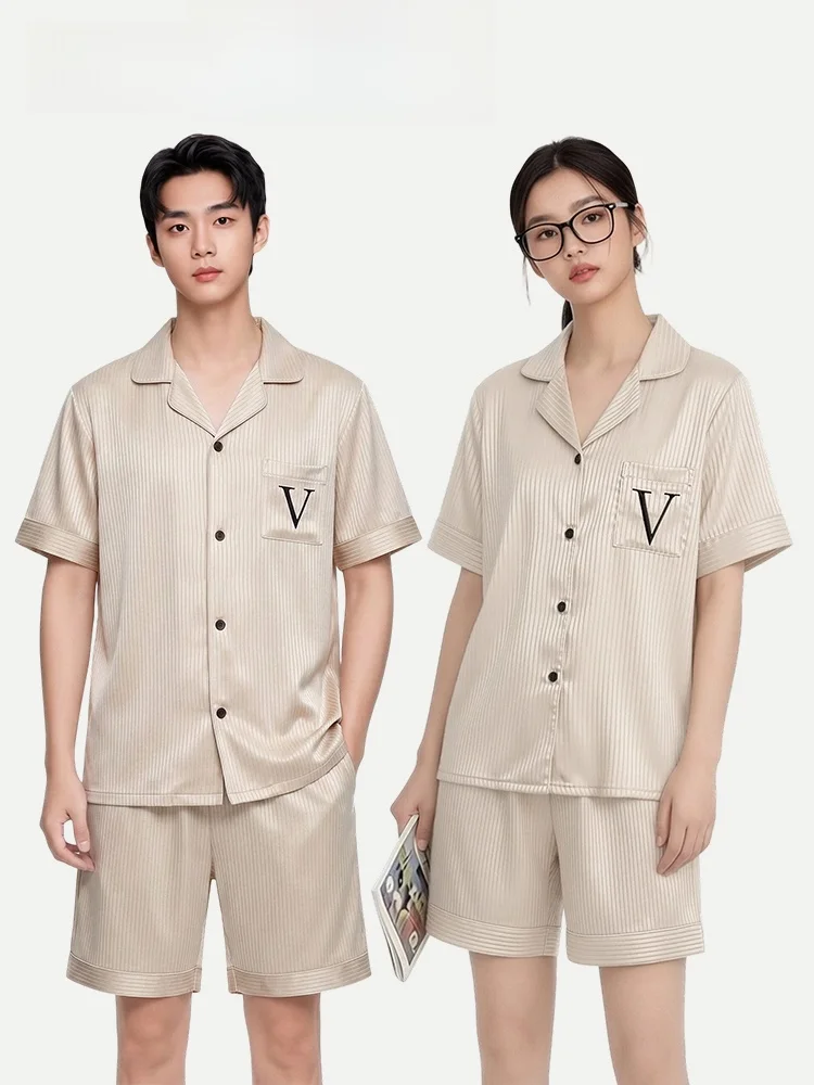 Pimai Ice Silk Pajamas Striped Couples Summer Short Sleeve Home Clothes Men's Outerwear Breathable Moisture-wicking Soft