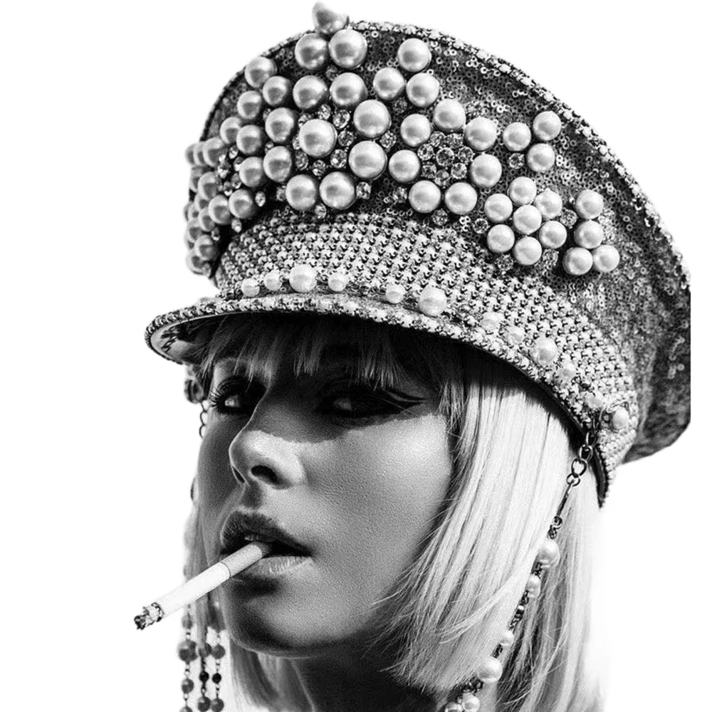 Women Black Bridal Hat For Queen Bride Military Hat Luxury Pearl Sergeant Captain Birthday Octagonal Bachelorette Hen Do Party
