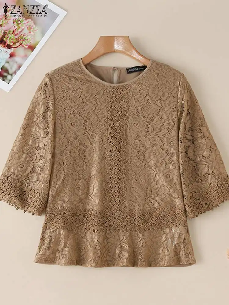 ZANZEA Autumn Elegant 3/4 Sleeve Lace Crochet Blouse Women Bohemain Holiday Shirt Patchwork Tops Tunic Stylish Ruffles Blusas