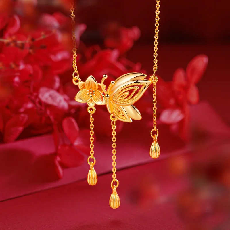 9999 real gold 24K yellow gold Flower Butterfly with Tassel Necklace