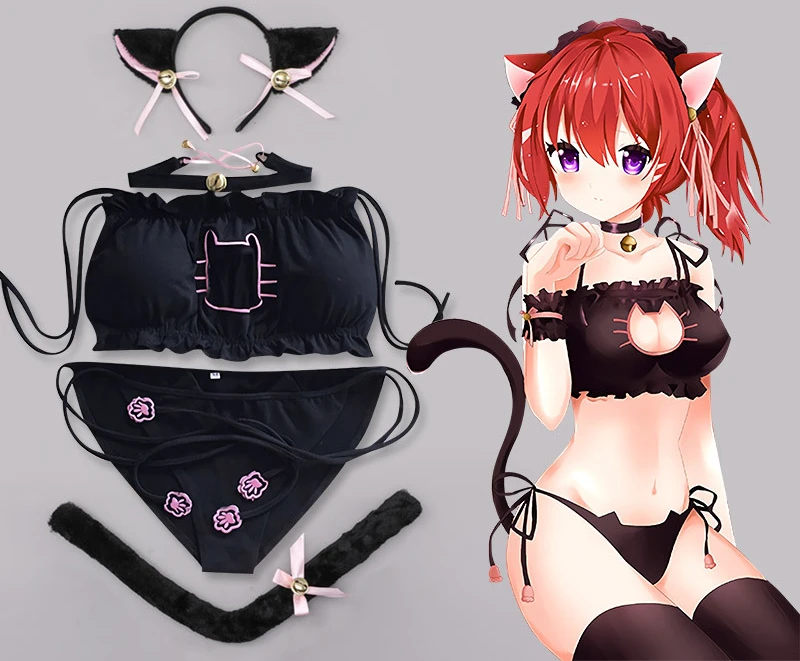 Japanese Anime Cat Girl Cosplay Bra Panties Claws Ears Set Women Sexy Lingerie Underwear Kawaii Lolita Nightwear Party Cosplay