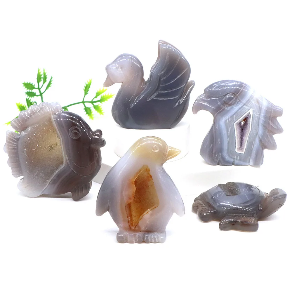 

Penguin Swan Fish Owl Turtle Dragon Head Statue Natural Healing Stone Gray Agate Crystal Carved Figurines Crafts Home Decoration