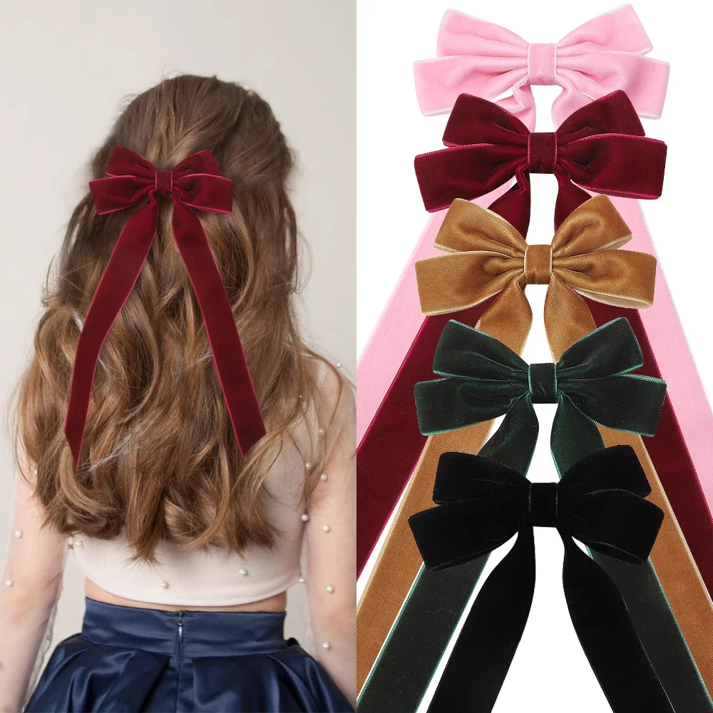 Vintage Big Large Velvet Bow Hairpins Barrettes For Women Girls Wedding Long Ribbon Korean Hair Clip Hairgrip Hair Accessories