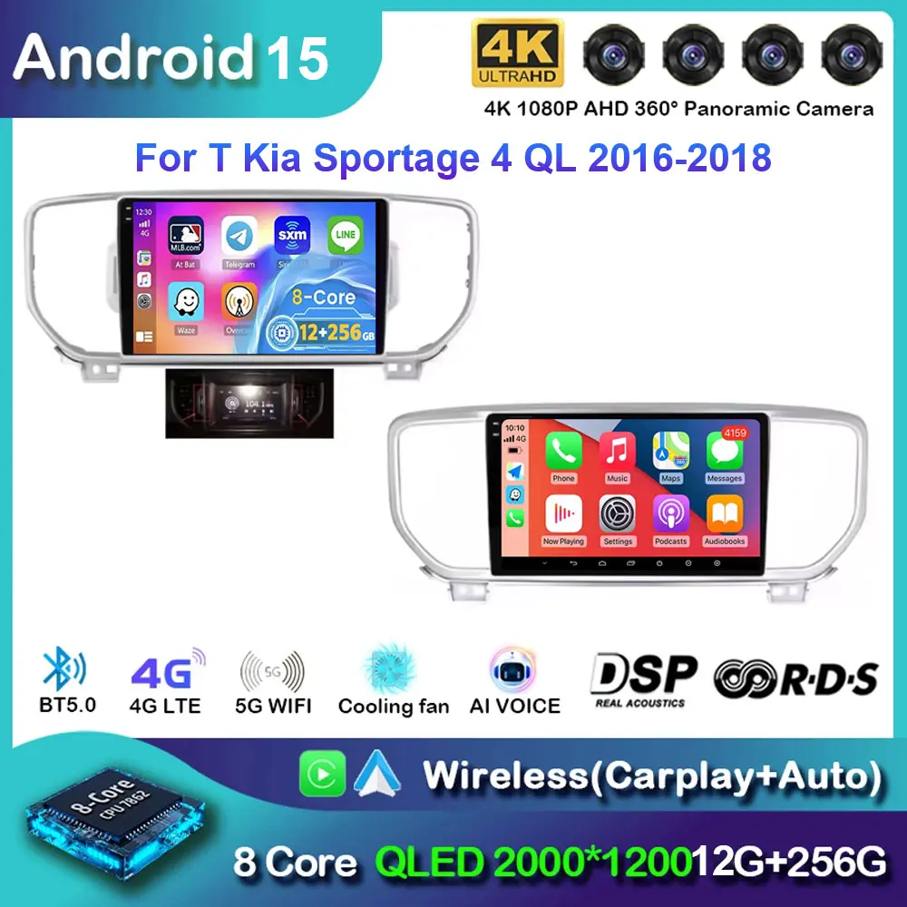 Car Radio with Carplay Android 15 for Kia Sportage 4 QL 2016-2018 Navigation GPS Multimedia Player Stereo WiFi+4G Auto 360 Camer