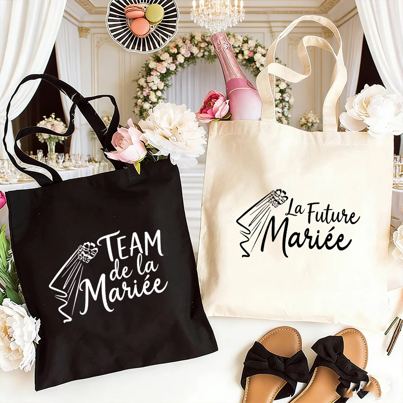 French Girl Team De La Mariée Future Canvas Tote Bags Veil Silhouette Design Bachelorette EVJF Party Bridal Shower Wedding Bag