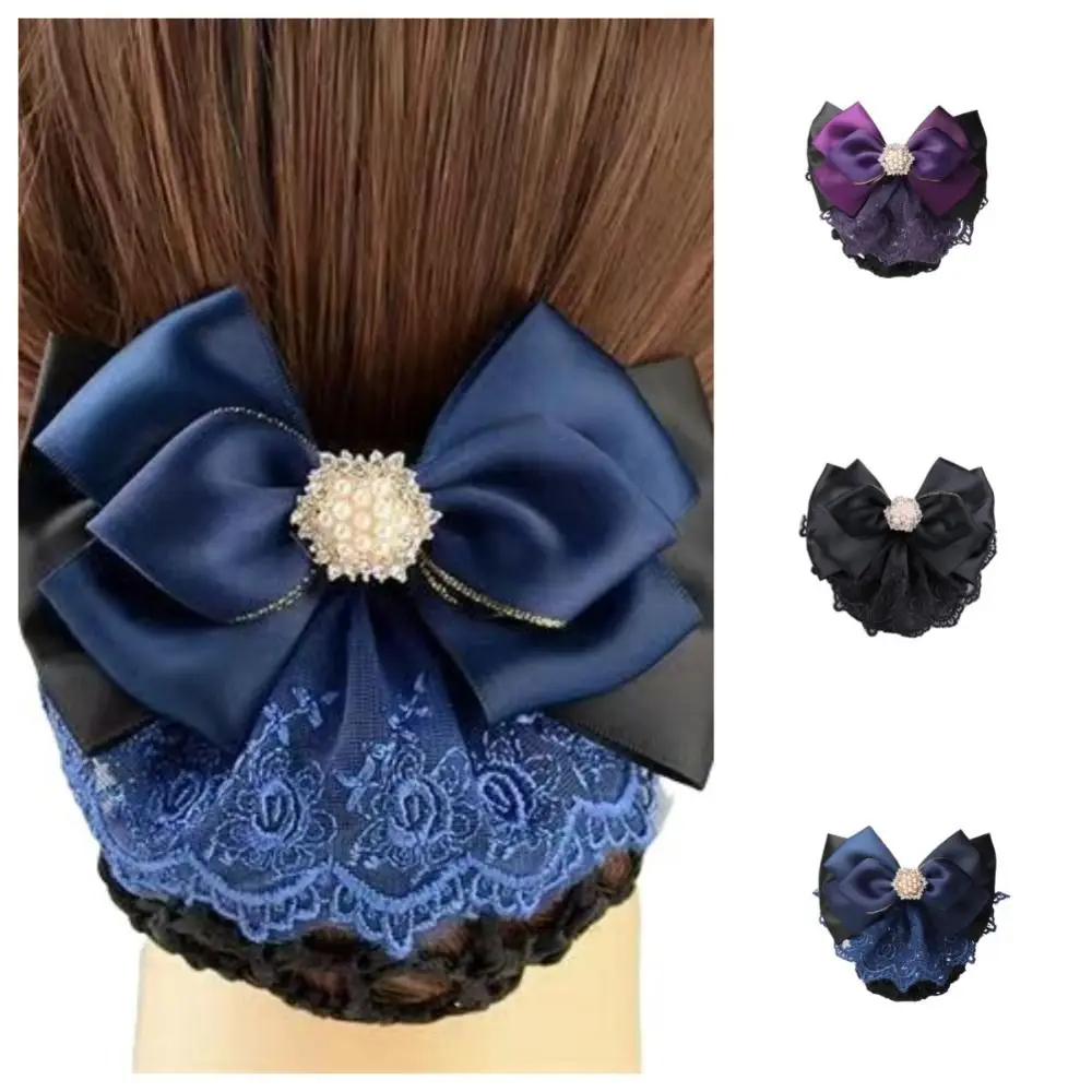 Elegant Pearl Bowknot Spring Clip Ribbon Korean Style Hair Net Cover Headwear Rhinestone Bun Snood Bank - view 5