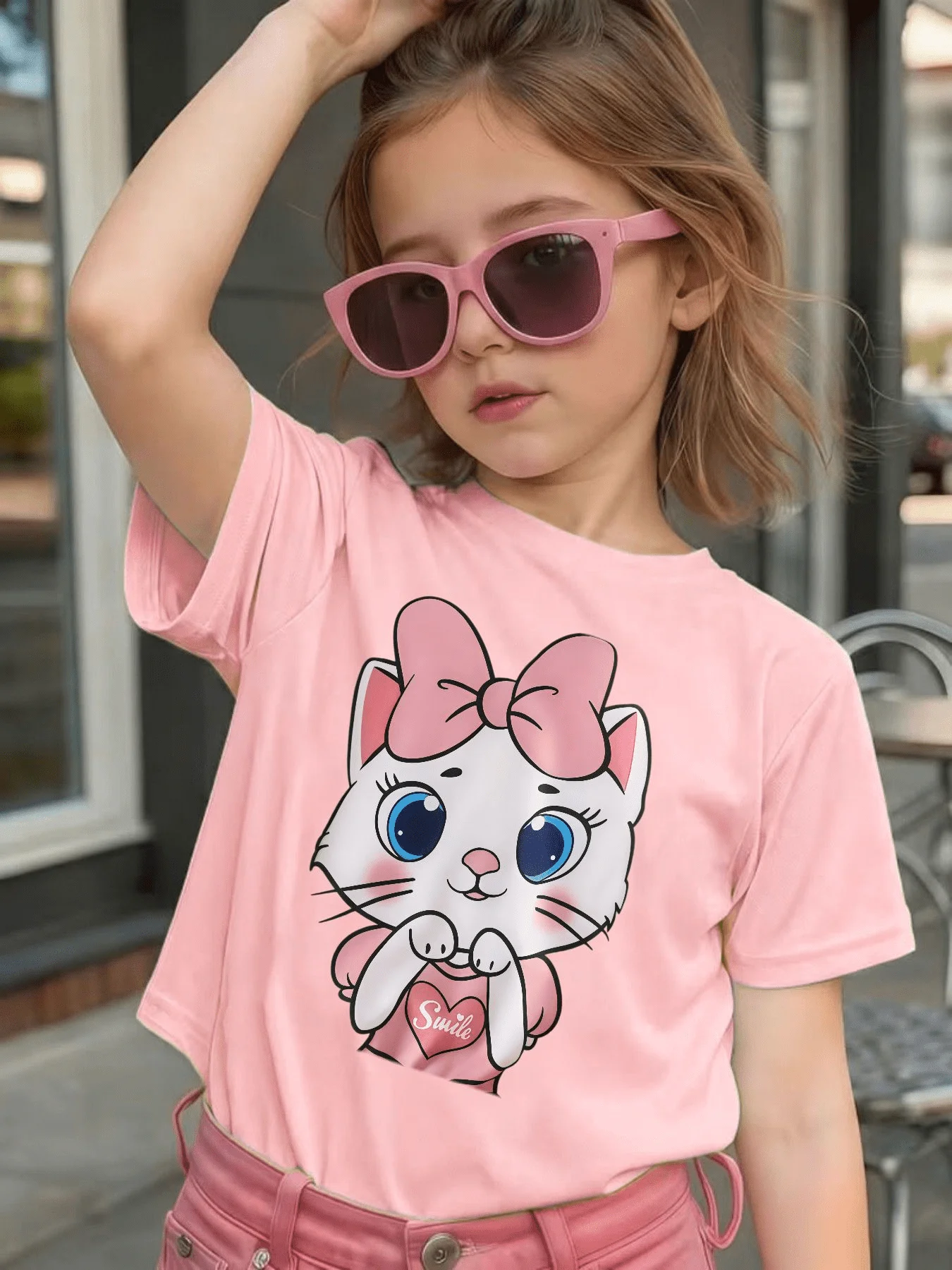 Cute White Cat Pink Bow Smile Heart Graphic Kids Tee Boys Girls Family Matching Cotton Crew Neck Short Sleeve Soft Summer Tee
