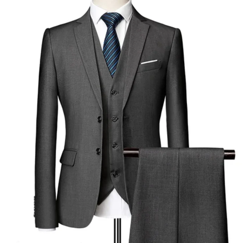 

Men Suit Dark Gray 3 Pieces Solid Color With Lapel For Wedding Banquet Gentleman Classic Business Work Set Jacket Vest With Pant