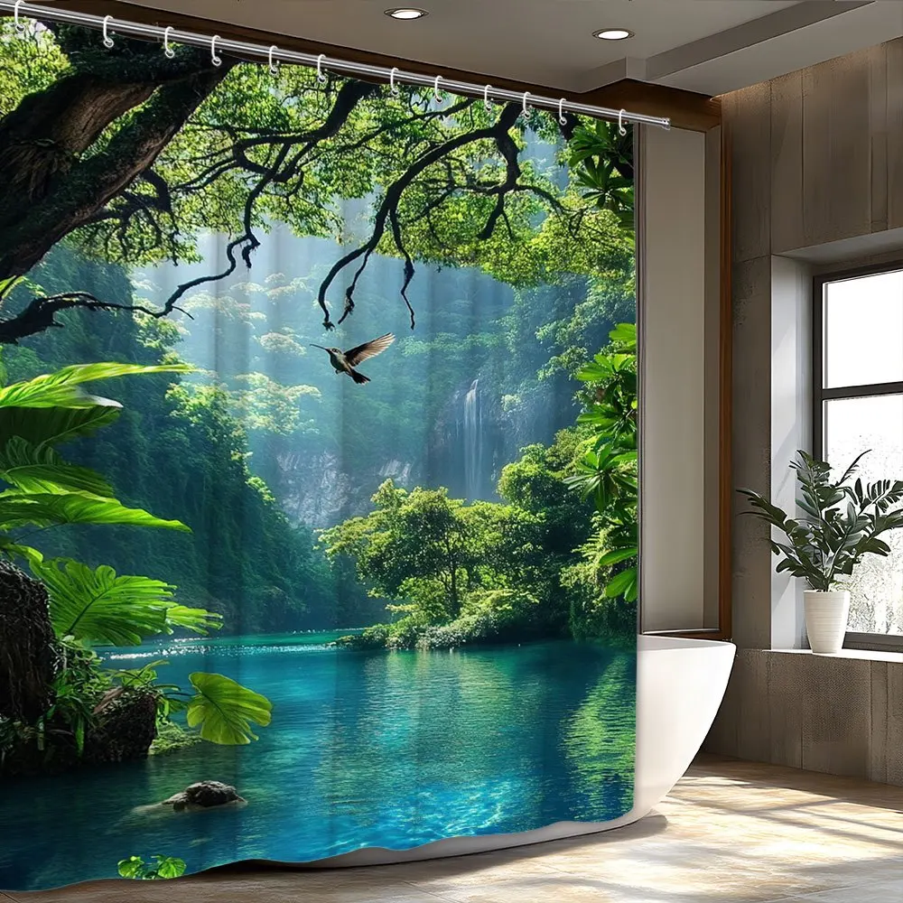 Scenic Jungle Waterfall Shower Curtain 3D Printed Flying Bird and River Landscape Waterproof Mildew Resistant Bathroom Decor