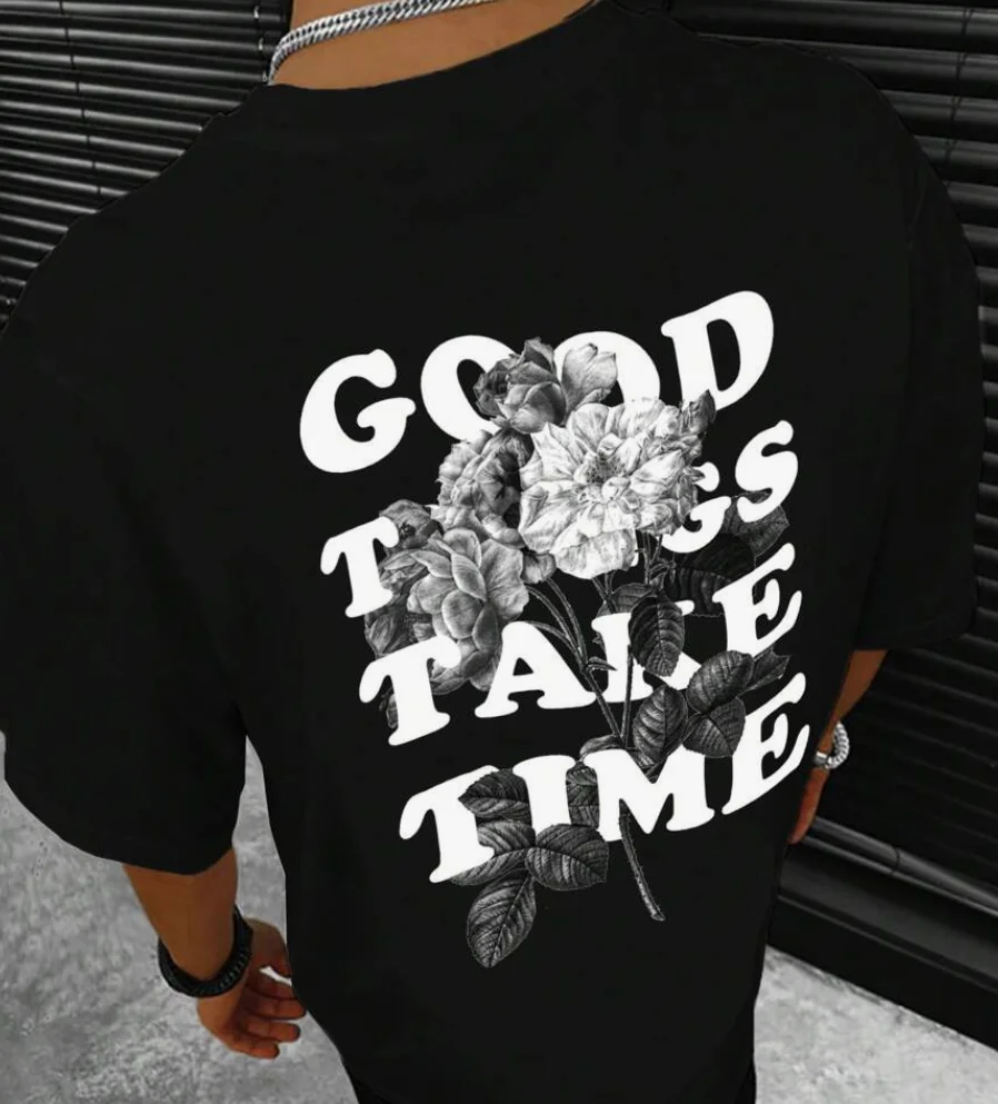 Men's Flower and Slogan Pattern Shoulder Down T-shirt Fashionable Simple Retro Couple Clothes