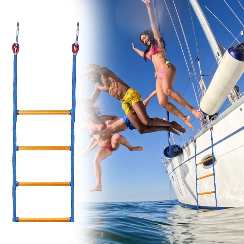 4 Step Marine Rope Ladder Folding Portable Rope Boarding Ladder Assist Boat Ladder for Inflatable Boat Kayak Motorboat Canoeing