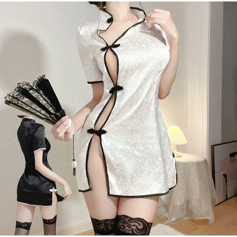 Retro Sexy Lingerie Set Sleepwear Sexy Slit Cheongsam Uniform Seduction Set Sleepwear Women's Hot Seduction Women's Nightgown