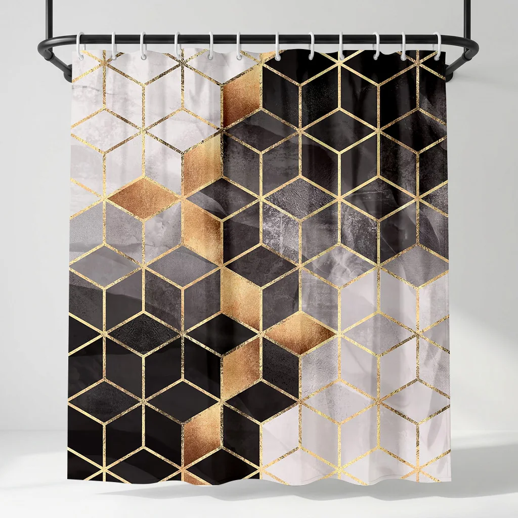 

Modern Black and Gold Geometric Cubes Shower Curtain, Luxury 3D Stacking Blocks Bathroom Decor, Abstract Fabric Bath Curtain