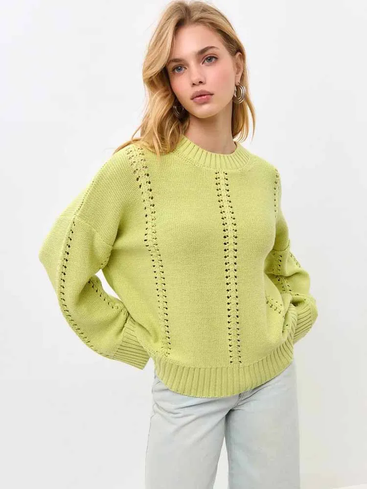 BKQU سترات نسائية غير رسمية مفرغة للخريف والشتاء فضفاضة برقبة دائرية بلوفر مغزول بلون سادة سترات هاراجوكو للشارع