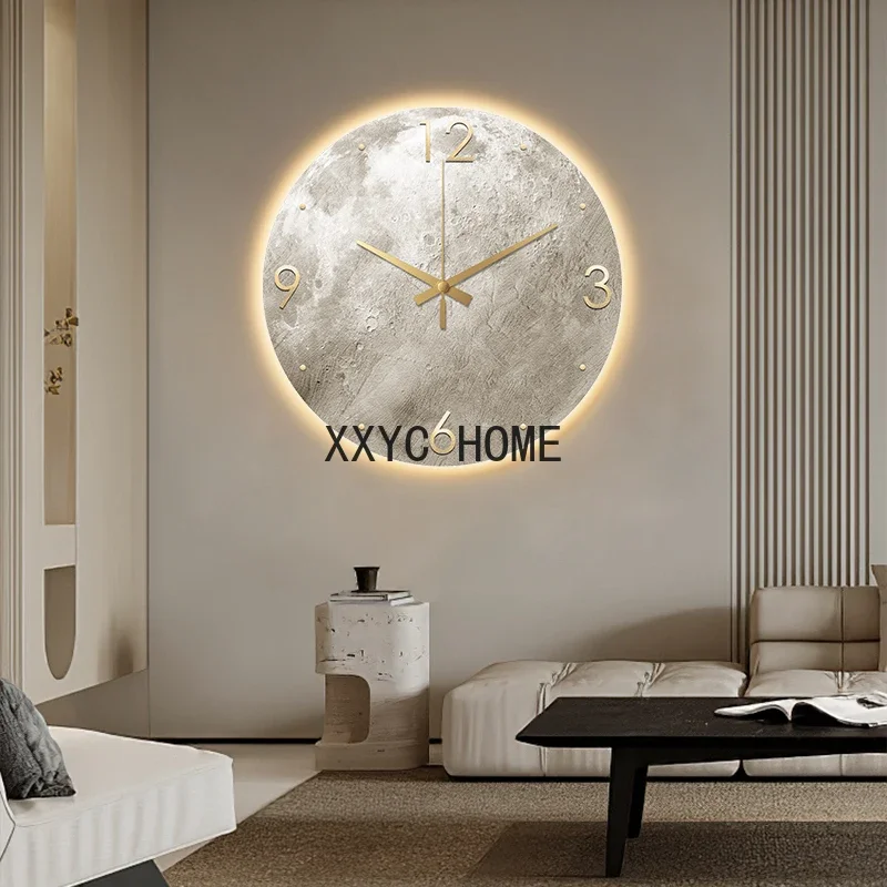 Modern Minimalist Wall Clock Living Room Clock Moon Sandstone Painting Home Fashion Restaurant Ideas LED Light Wall Decoration