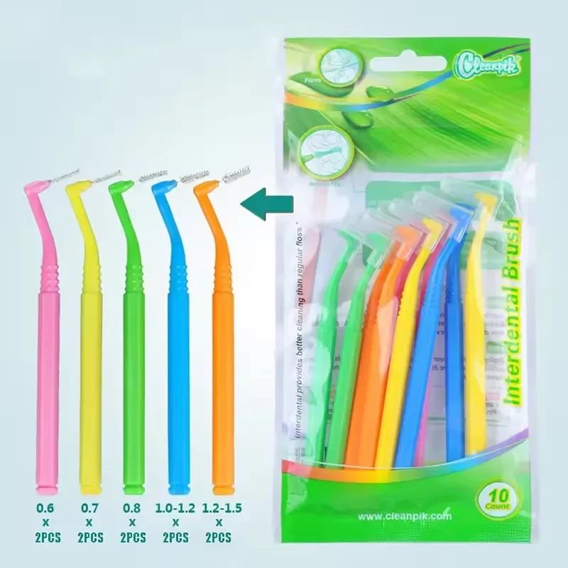 

10pc Interdental Brush 0.6-1.5mm L-Shaped Interdental Brush Plastic Portable Brush Non-Slip Handle Eyelash Teeth Clean Oral Care