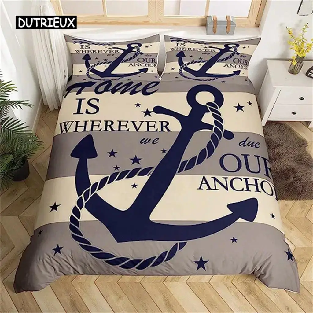 Anchor Duvet Cover Nautical Bedding Set Ship Anchor Chain With Lines Comforter Cover For Children Teen Bedroom Decoration Gifts