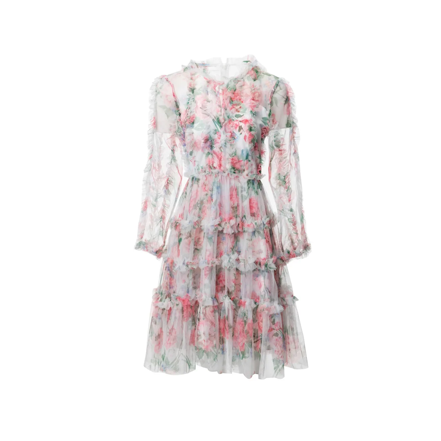 

Europe and the United States women's 2024 summer new Stand collar Long sleeve mesh printing fashion Dress