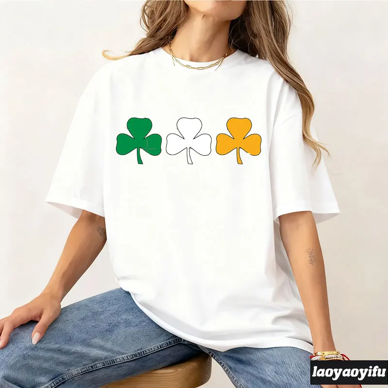 The Flag of Ireland Shirts The Lucky Clover St. Patrick Short-sleeved Shirt Women's Round-neck Cotton T-shirt Vintage Clothes