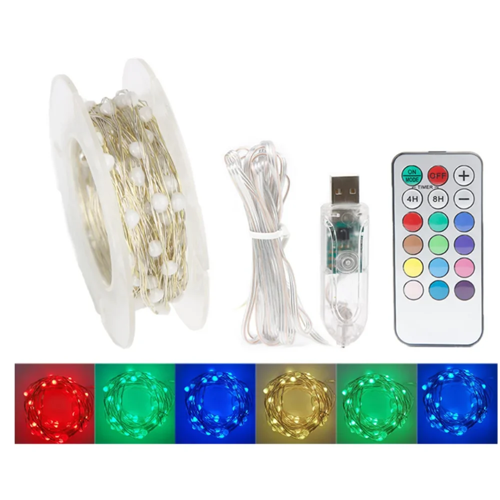 USB5V Three-Line Point-Controlled RGB Color-Changing LED Silver Line Lights Timing Remote Control Christmas Lights Festival Deco