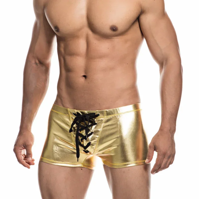 Sexy Men Leather Boxers Underpants Lingerie Faux Leather Shorts Stage Performance Costume Night Clubwear Underwear Boxers Shorts