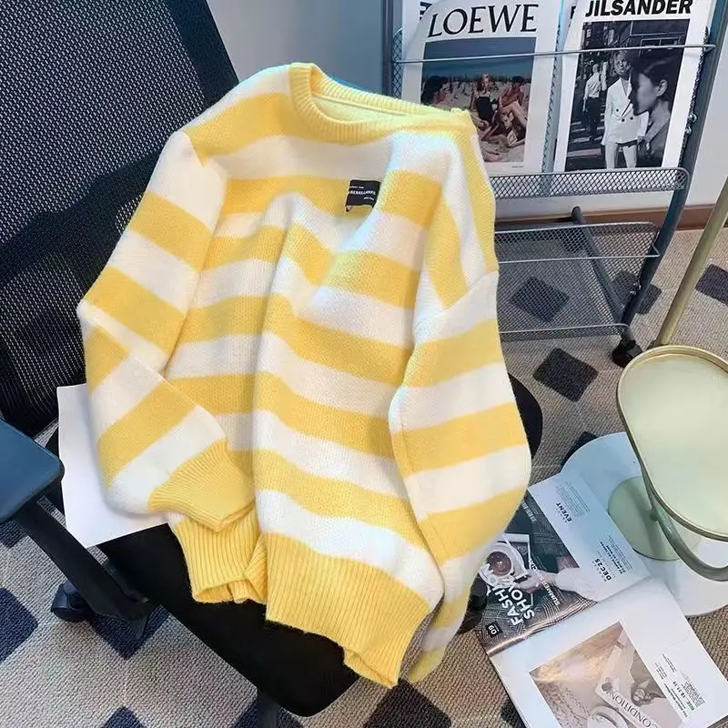 Striped Round Neck Knitted Pullover Sweater for Women's 2023 Autumn/winter New Korean Version Loose and Lazy Fashion Bottom Top