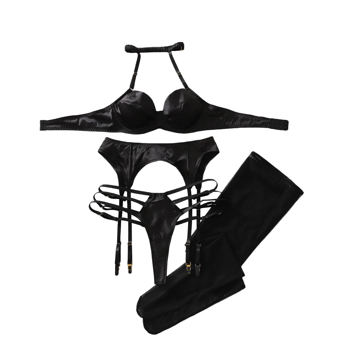 

2026 French Style Thin Steel Ring Gathering Lingerie Set Women's Sexy Shaping Hanging Neck Underwear Split Set with Leg Socks