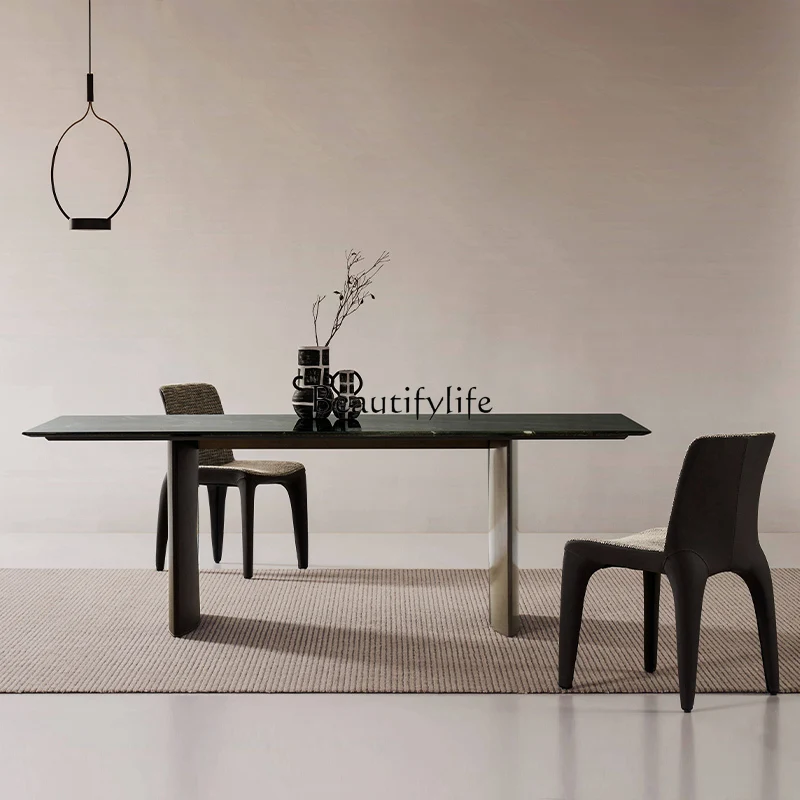 Minimalist marble dining table, high-end sense, simple light luxury, saddle leather rectangular dining table