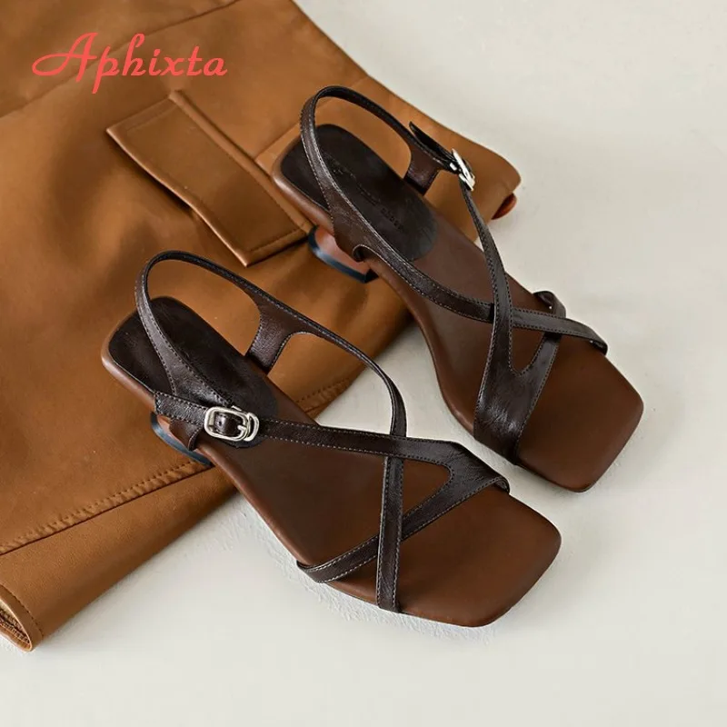 Aphixta Elegant Ladies Cross Ankle Strap Open Toe Sandals Unique Curved Wooden Block 5cm Mid Heel Summer Party Women Sandals