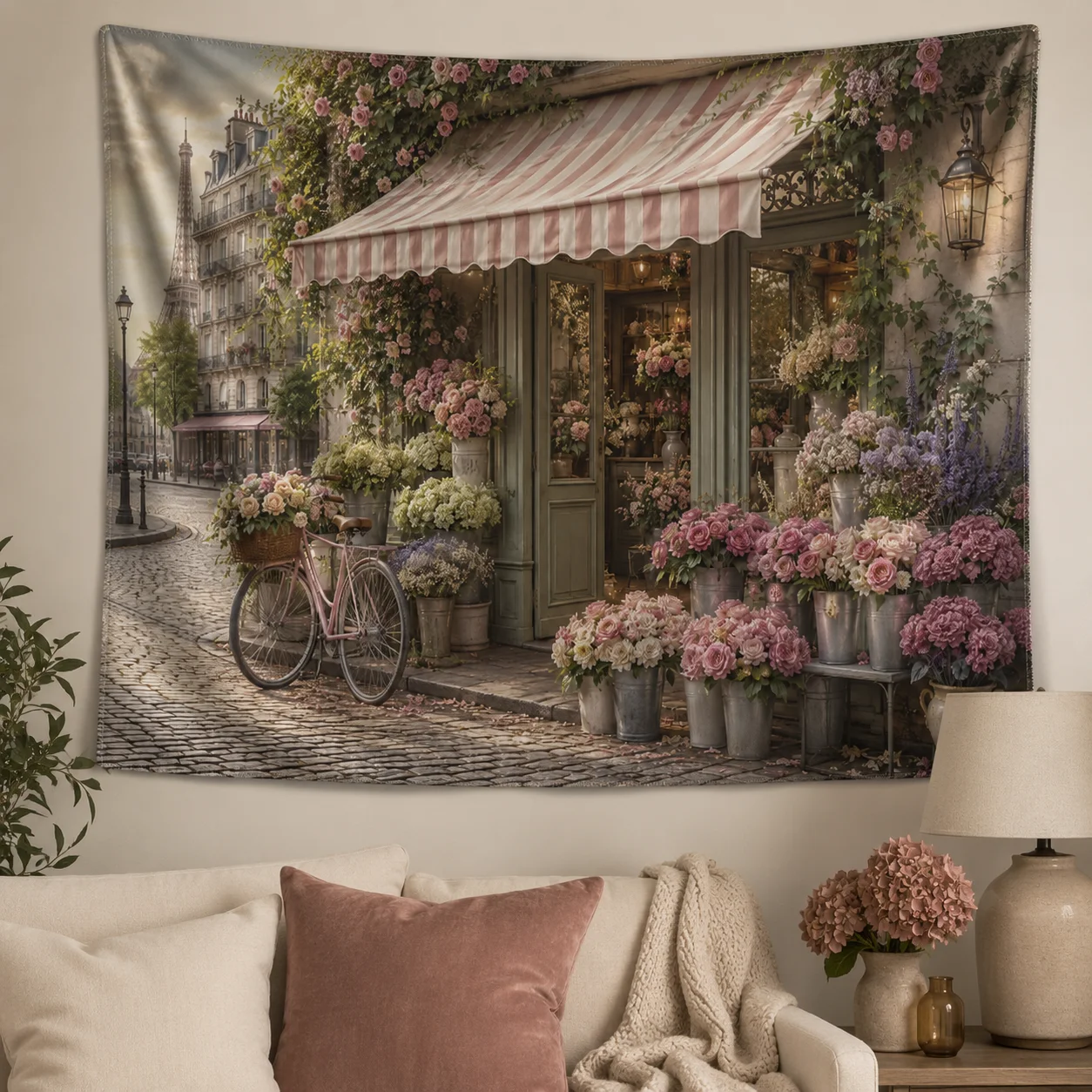 Paris Flower Shop Tapestry Eiffel Tower Vintage Bicycle Floral Street Wall Hanging