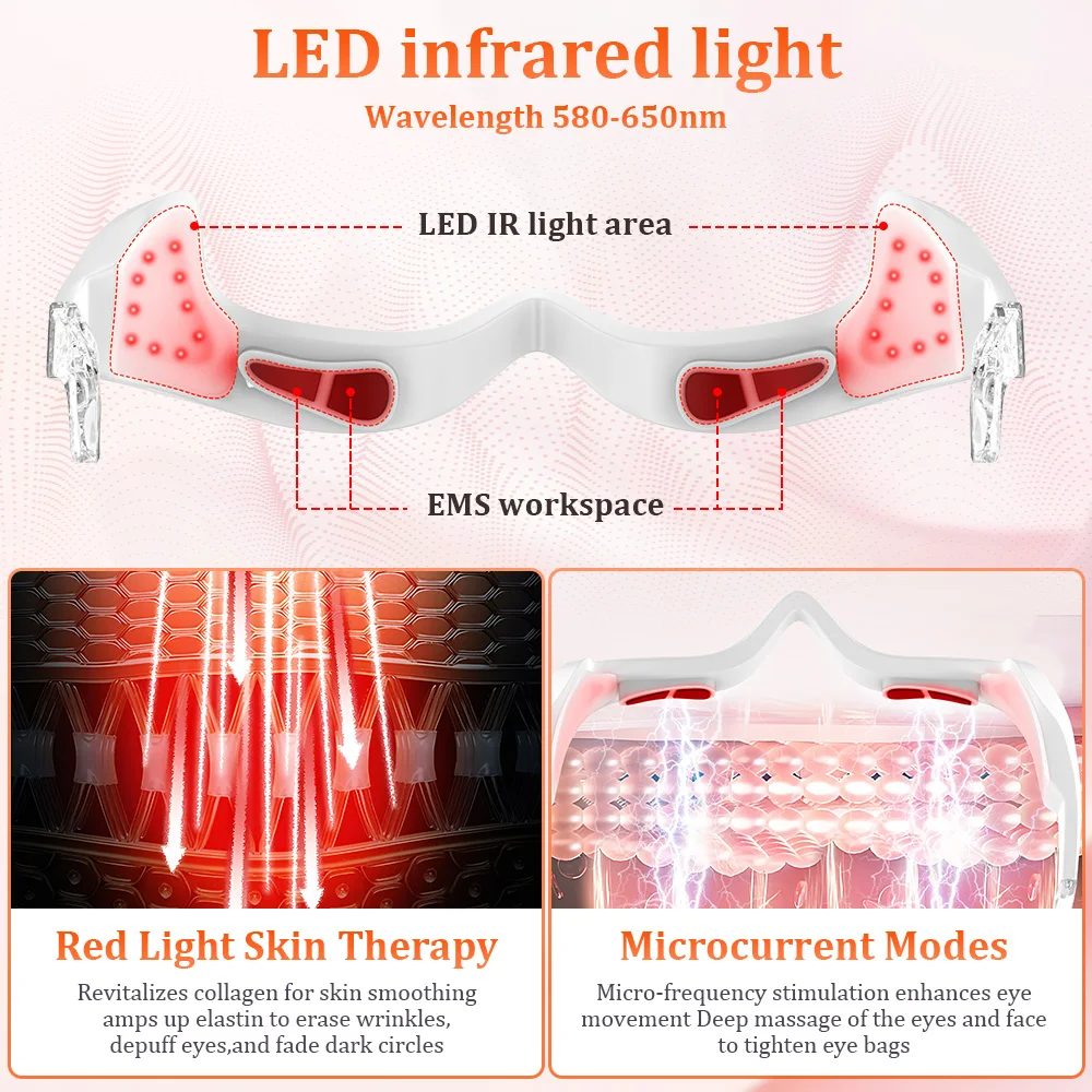 Appareil de thérapie par la lumière rouge pour les yeux, masseur oculaire 3D, Modes de microcourant 580-650nm, soulagement de la Fatigue, éclaircit les cernes, beauté, soins oculaires