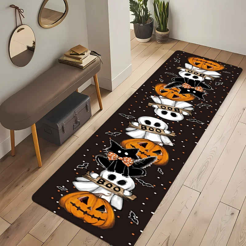 VIKAMA Halloween Runner Rug Pumpkin Ghost Black Cat Boo Bat Print Non Slip Washable Long Corridor Entryway Holiday Decor Carpet
