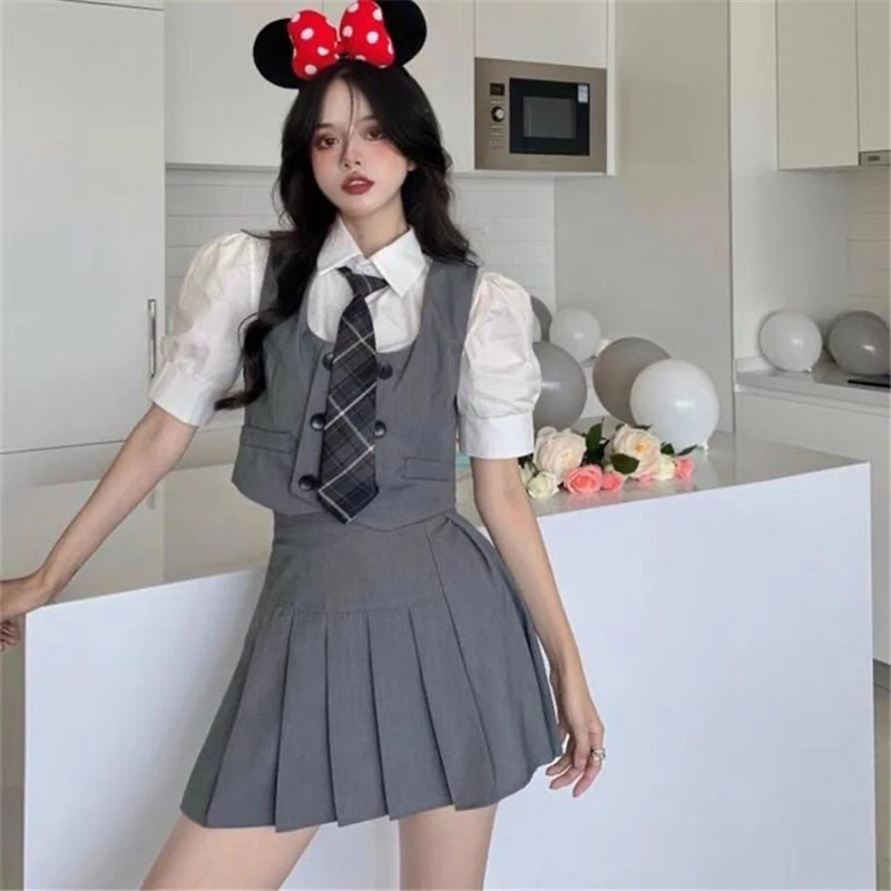 American Hot Girl Style High Waist Pleated Skirt Sets A line JK Uniform Suitd Short-sleeved Shirt and Tie Vest Female Summer