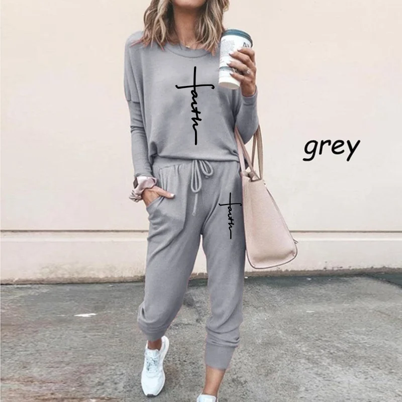 New Fashion Women Tracksuit Casual Long Sleeve Hoodies and Pants Tracksuit Faith Printed Jogging Suits