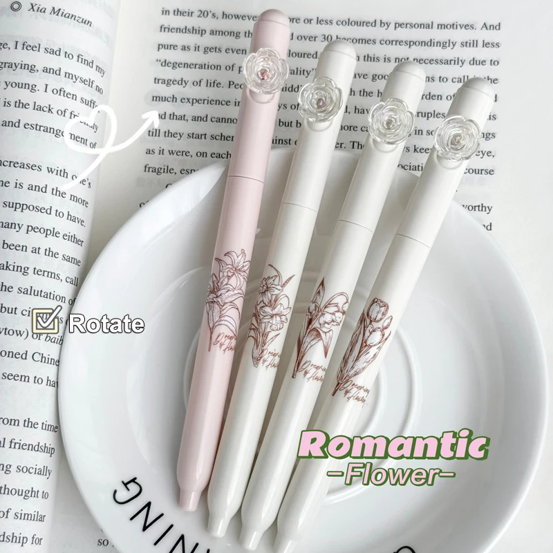 

4 шт./компл., гелевая ручка с романтическим цветком, 0,5 мм, быстросохнущая гелевая чернильная ручка для студентов, креативная вращающаяся ручка для письма, черная сменная ручка, канцелярские принадлежности